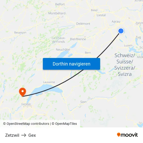 Zetzwil to Gex map