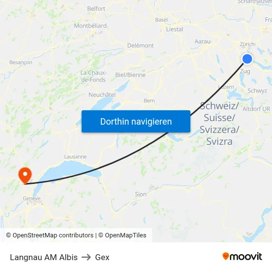 Langnau AM Albis to Gex map