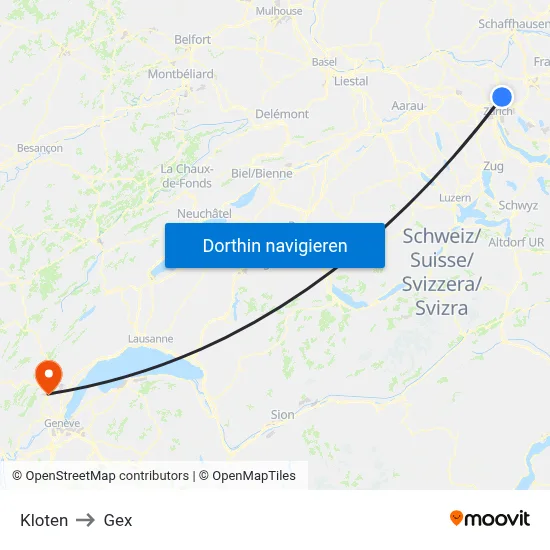 Kloten to Gex map