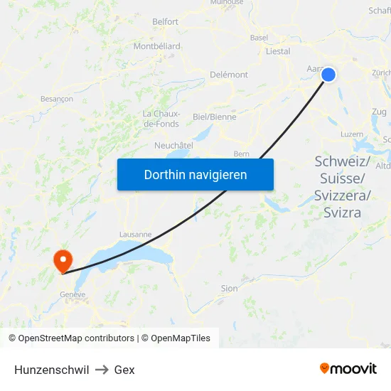 Hunzenschwil to Gex map