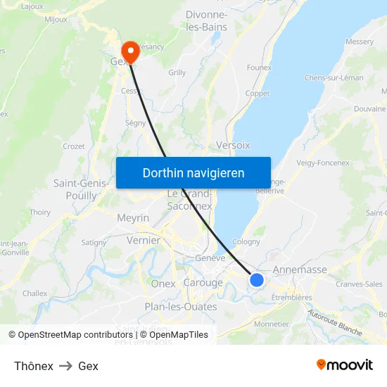 Thônex to Gex map