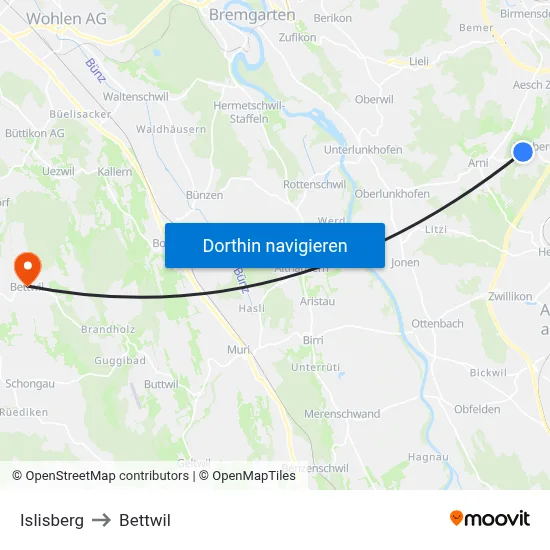 Islisberg to Bettwil map