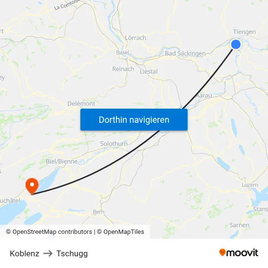 Koblenz to Tschugg map