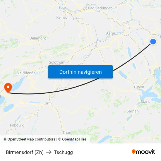 Birmensdorf (Zh) to Tschugg map