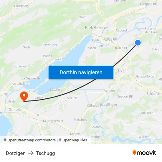 Dotzigen to Tschugg map
