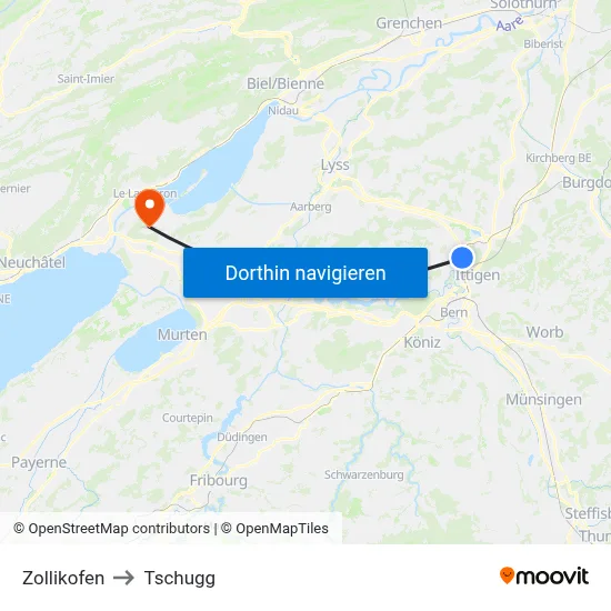 Zollikofen to Tschugg map