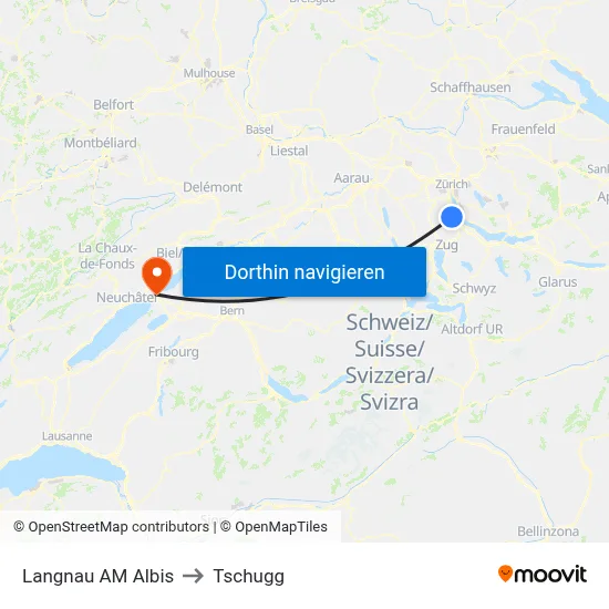 Langnau AM Albis to Tschugg map