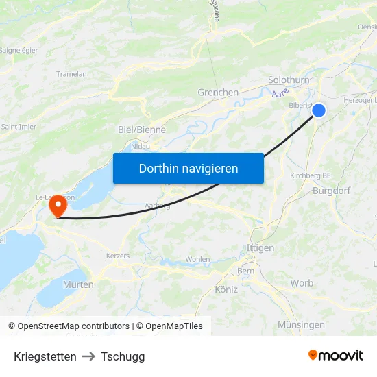 Kriegstetten to Tschugg map