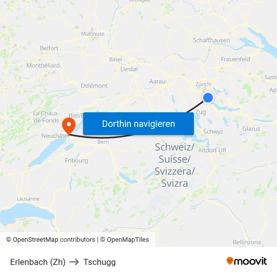 Erlenbach (Zh) to Tschugg map