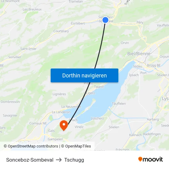 Sonceboz-Sombeval to Tschugg map
