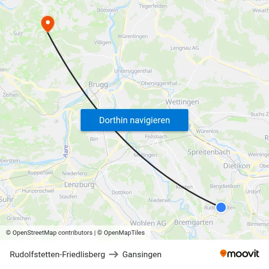 Rudolfstetten-Friedlisberg to Gansingen map