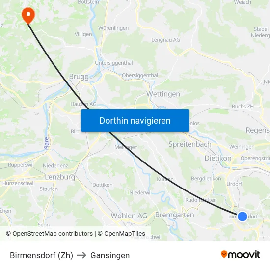 Birmensdorf (Zh) to Gansingen map