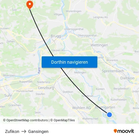 Zufikon to Gansingen map
