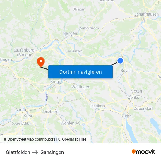 Glattfelden to Gansingen map