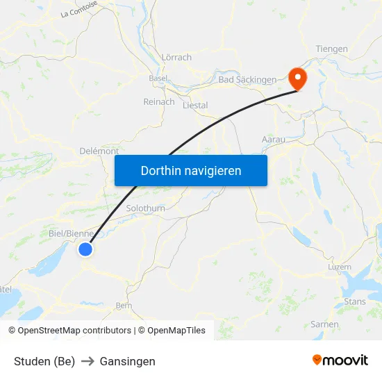 Studen (Be) to Gansingen map
