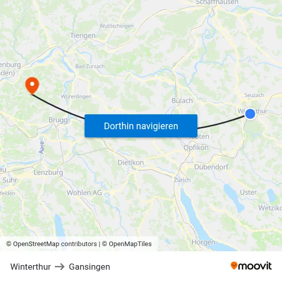 Winterthur to Gansingen map