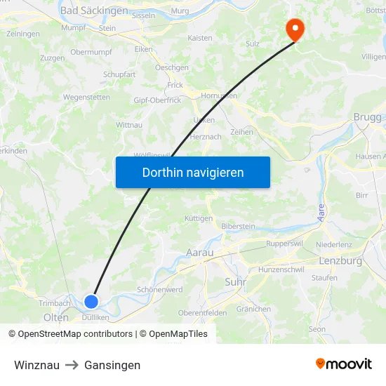 Winznau to Gansingen map
