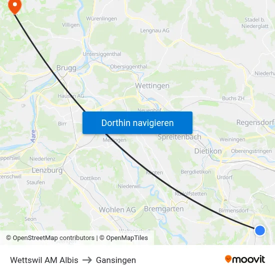 Wettswil AM Albis to Gansingen map