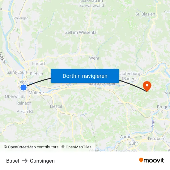 Basel to Gansingen map