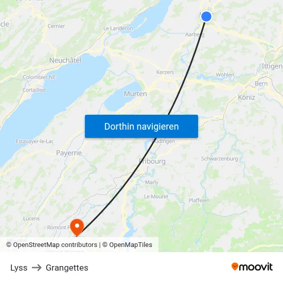 Lyss to Grangettes map