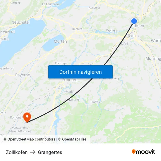 Zollikofen to Grangettes map
