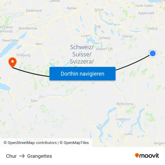 Chur to Grangettes map