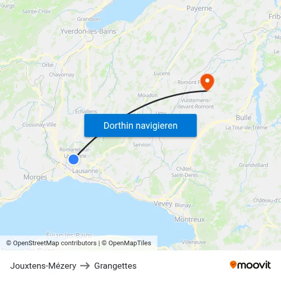 Jouxtens-Mézery to Grangettes map