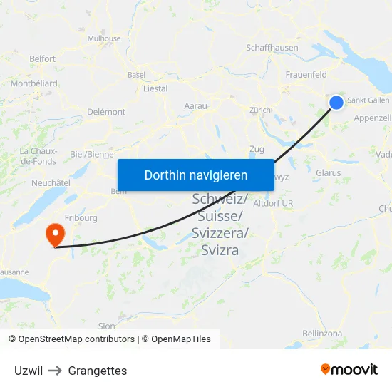 Uzwil to Grangettes map