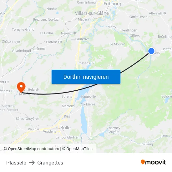 Plasselb to Grangettes map