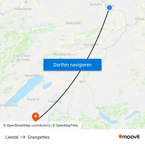 Liestal to Grangettes map