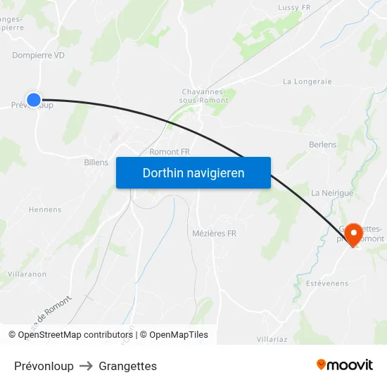 Prévonloup to Grangettes map