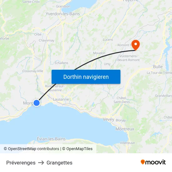 Préverenges to Grangettes map