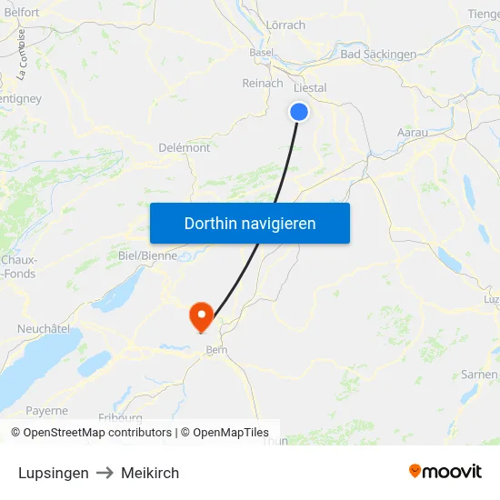 Lupsingen to Meikirch map