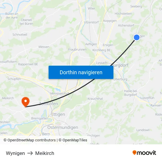 Wynigen to Meikirch map
