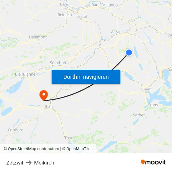 Zetzwil to Meikirch map