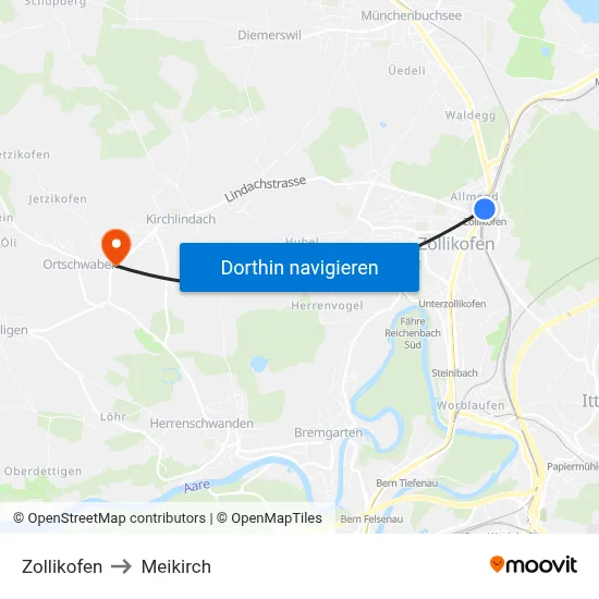 Zollikofen to Meikirch map