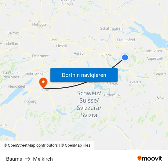 Bauma to Meikirch map