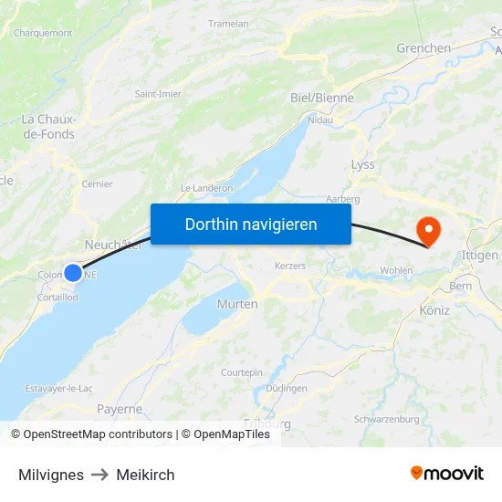 Milvignes to Meikirch map