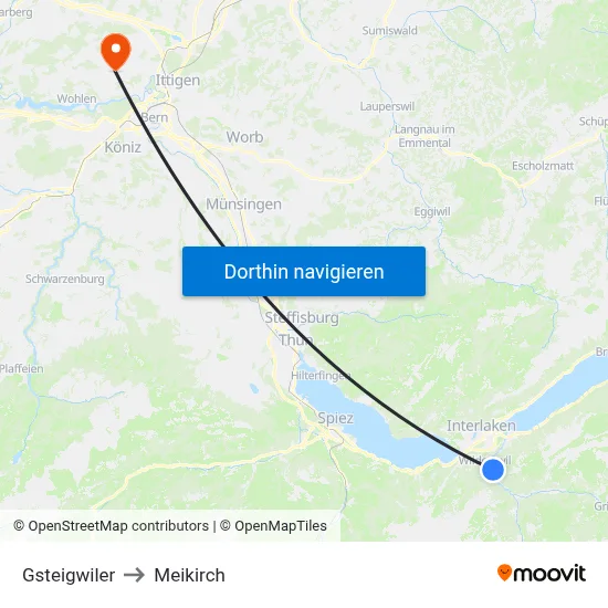 Gsteigwiler to Meikirch map
