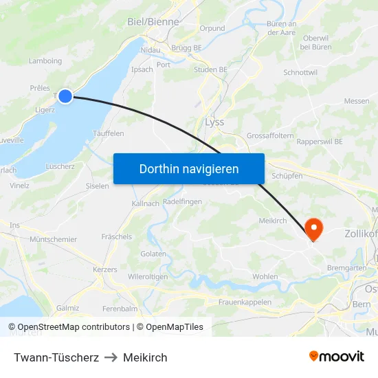 Twann-Tüscherz to Meikirch map