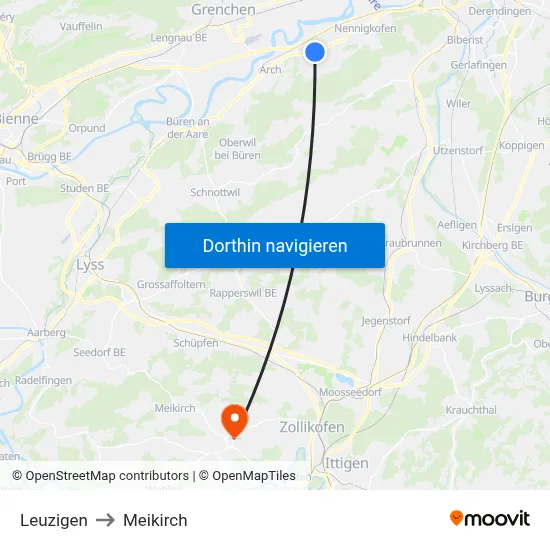 Leuzigen to Meikirch map