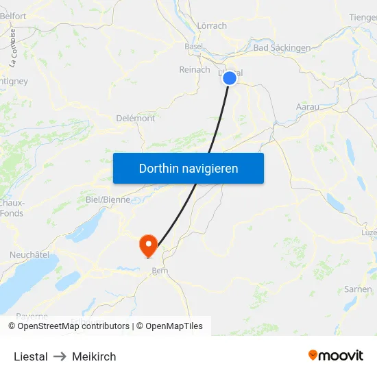 Liestal to Meikirch map