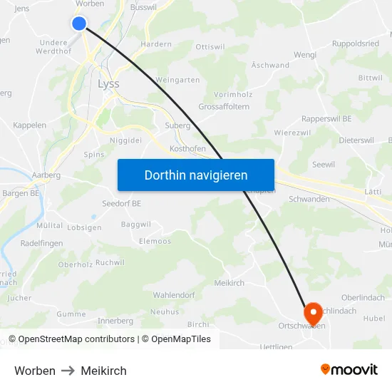 Worben to Meikirch map