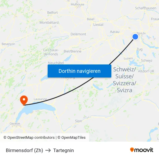 Birmensdorf (Zh) to Tartegnin map