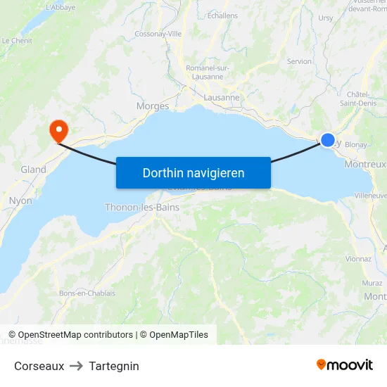 Corseaux to Tartegnin map