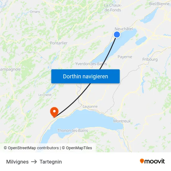 Milvignes to Tartegnin map