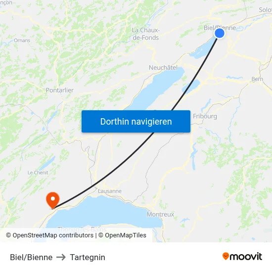Biel/Bienne to Tartegnin map
