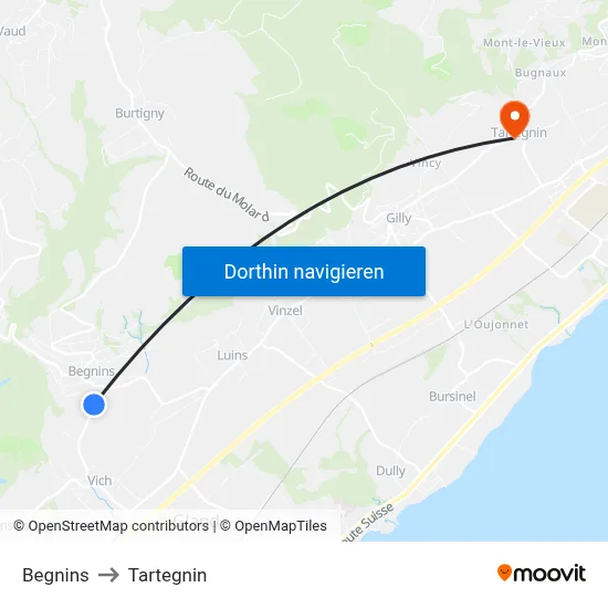 Begnins to Tartegnin map