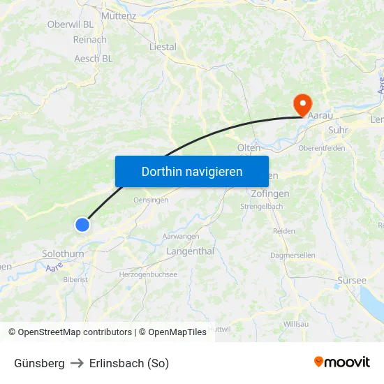 Günsberg to Erlinsbach (So) map