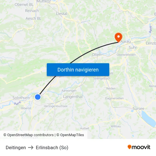 Deitingen to Erlinsbach (So) map